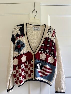 Hand-Knit Americana Pattern Cardigan Sweater - Cream/Red/Blue